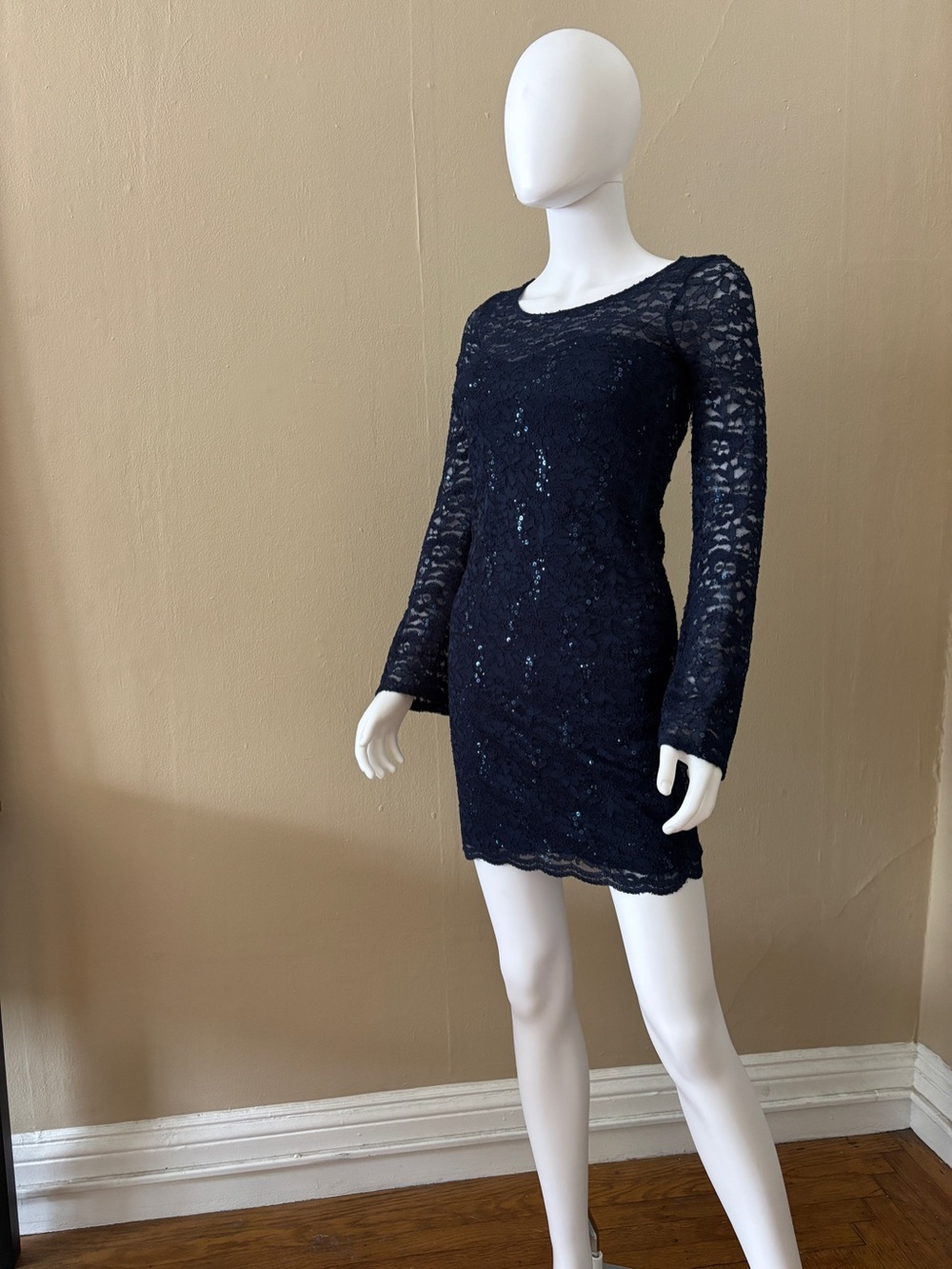 Navy Blue Lace Sequin Glittery Mesh Long Sleeve Party Cocktail Mini Dress